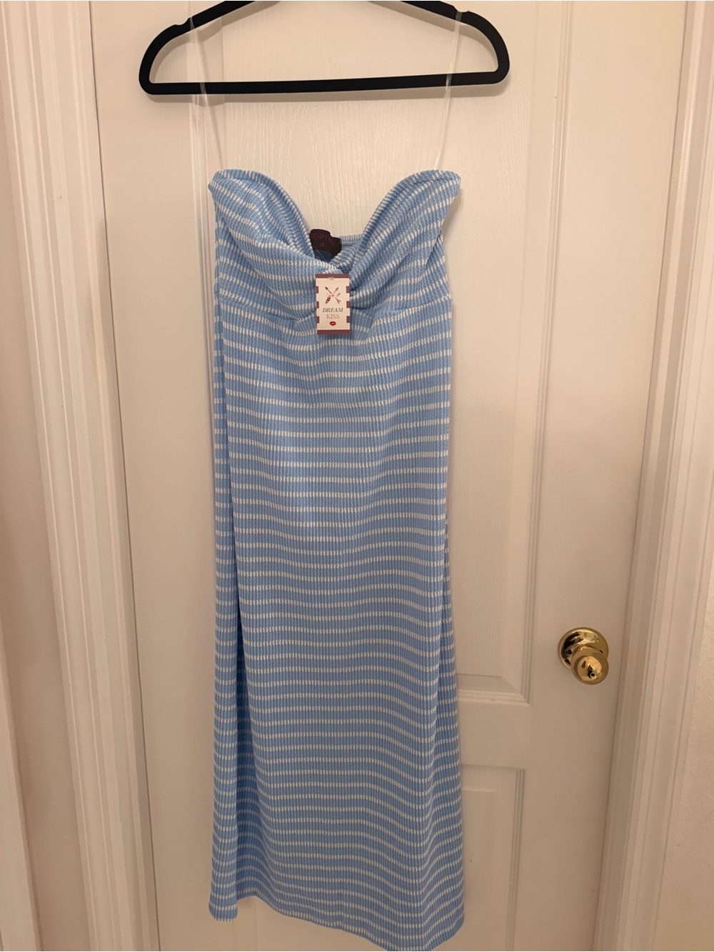 Strapless Light Blue Stripe Midi Dress